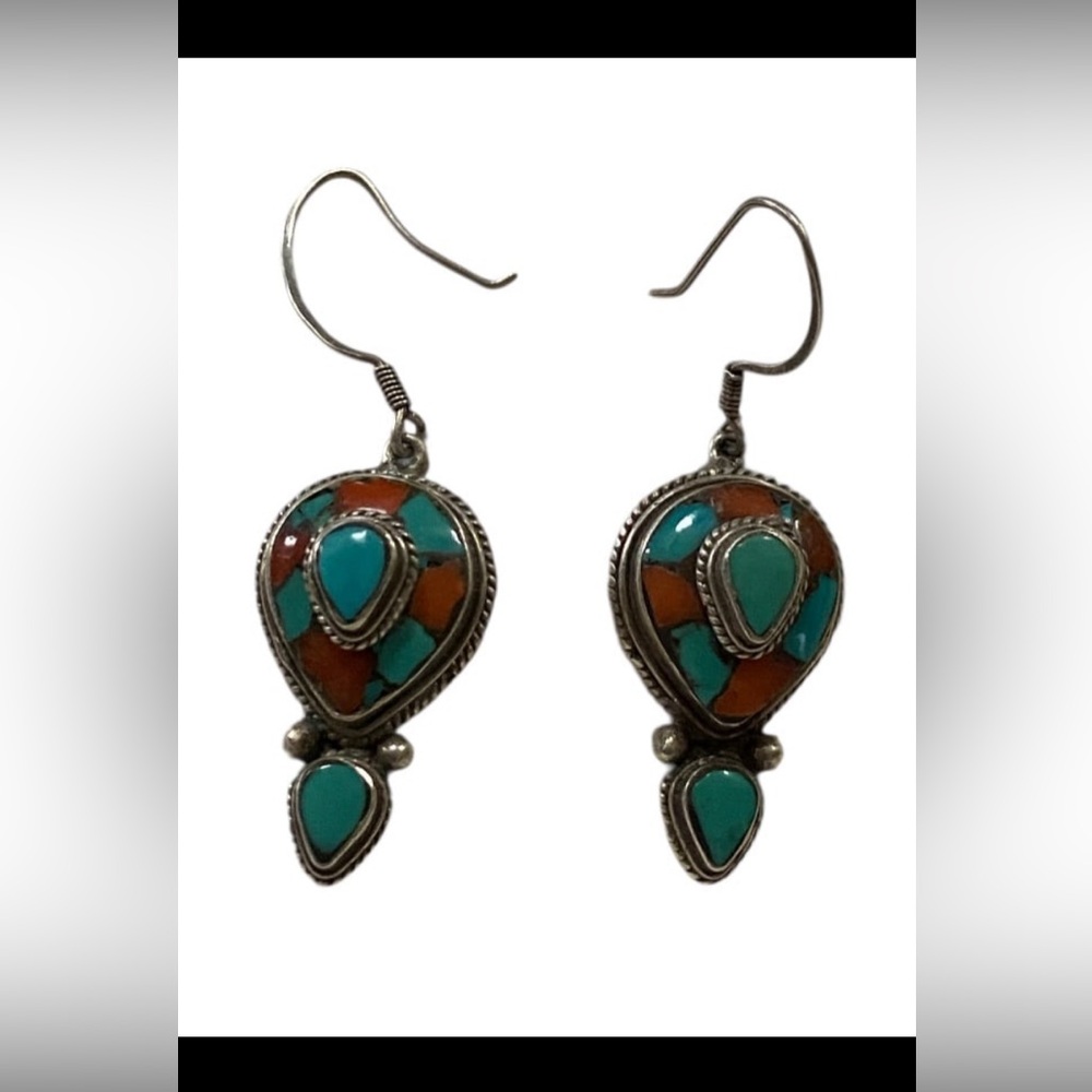 Sterling Silver Turquoise & Coral Pierced Earrings #7832